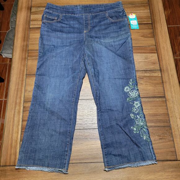 Pioneer Woman Denim Pull On Capris w/ Raw Hem & Flower Embroidery - Large NWT - Picture 1 of 8